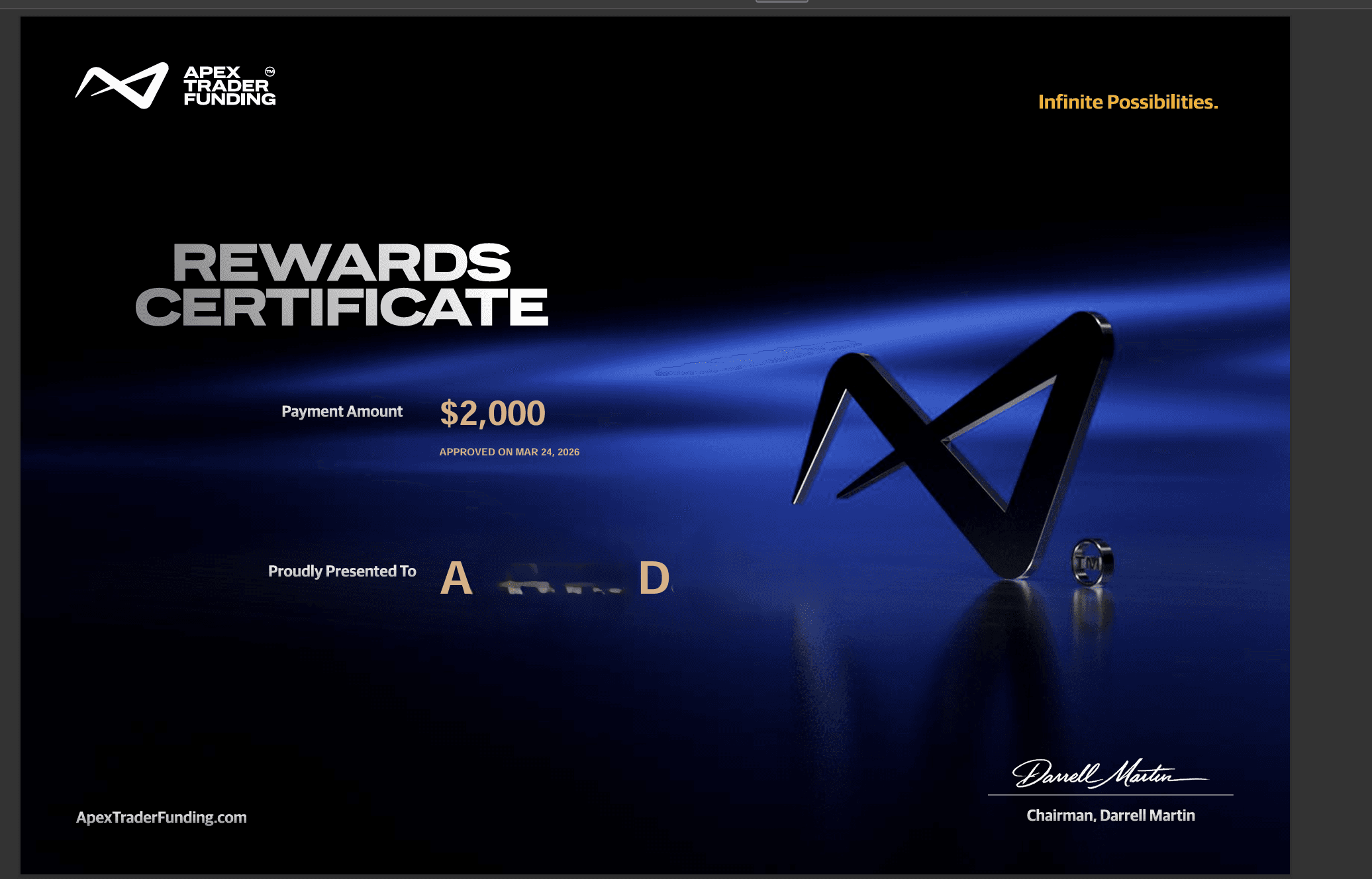 Payout Apex Trader Funding — 2 000 $