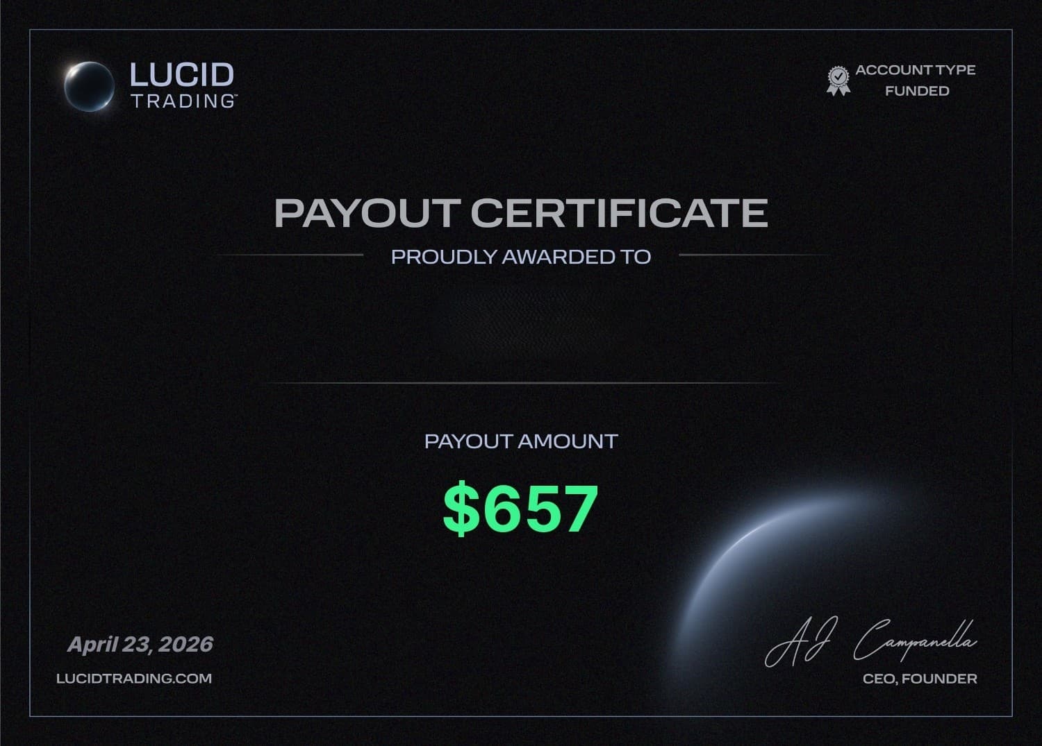 Payout Lucid Trading — 657 $
