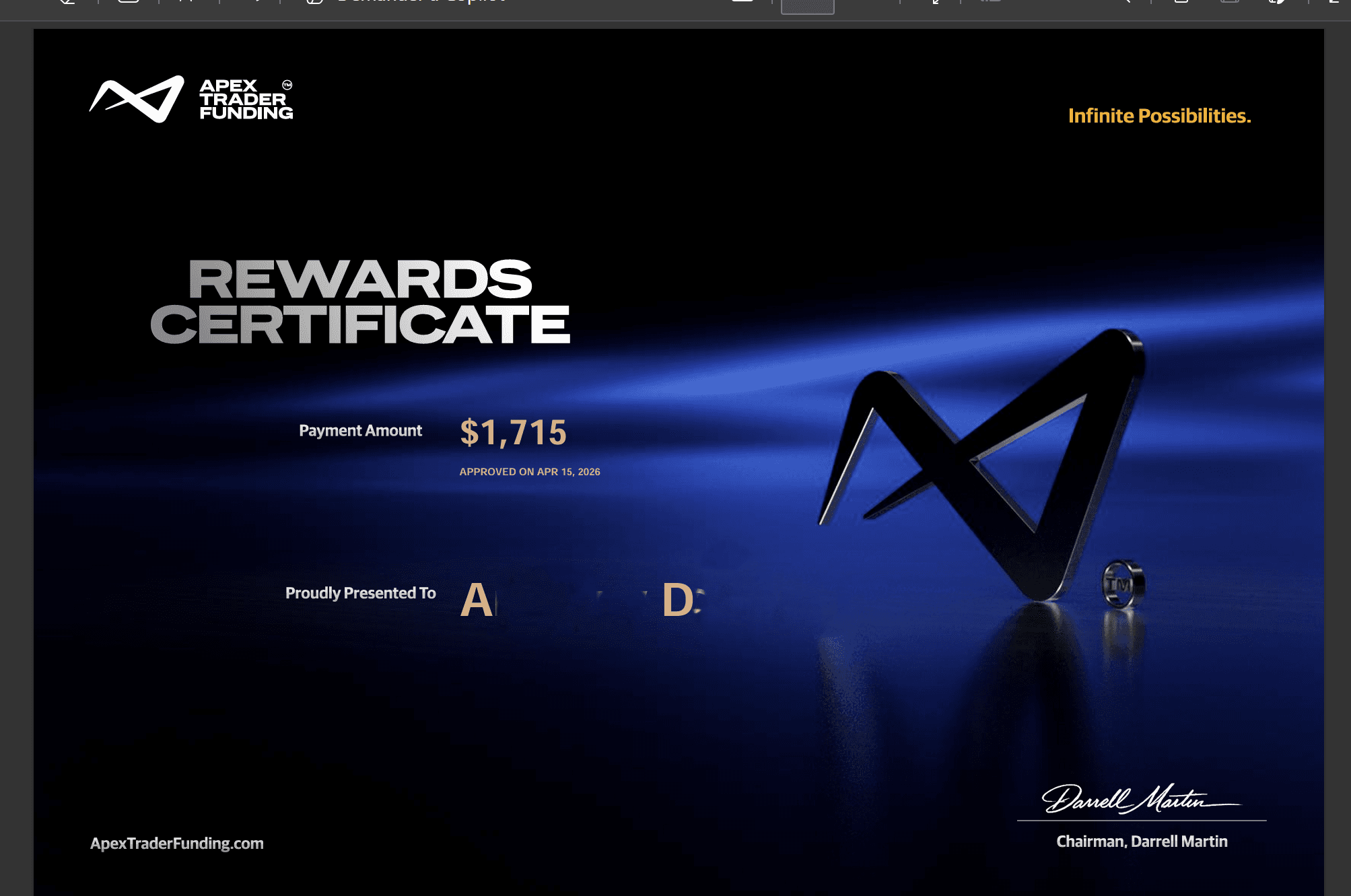 Payout Apex Trader Funding — 1 715 $