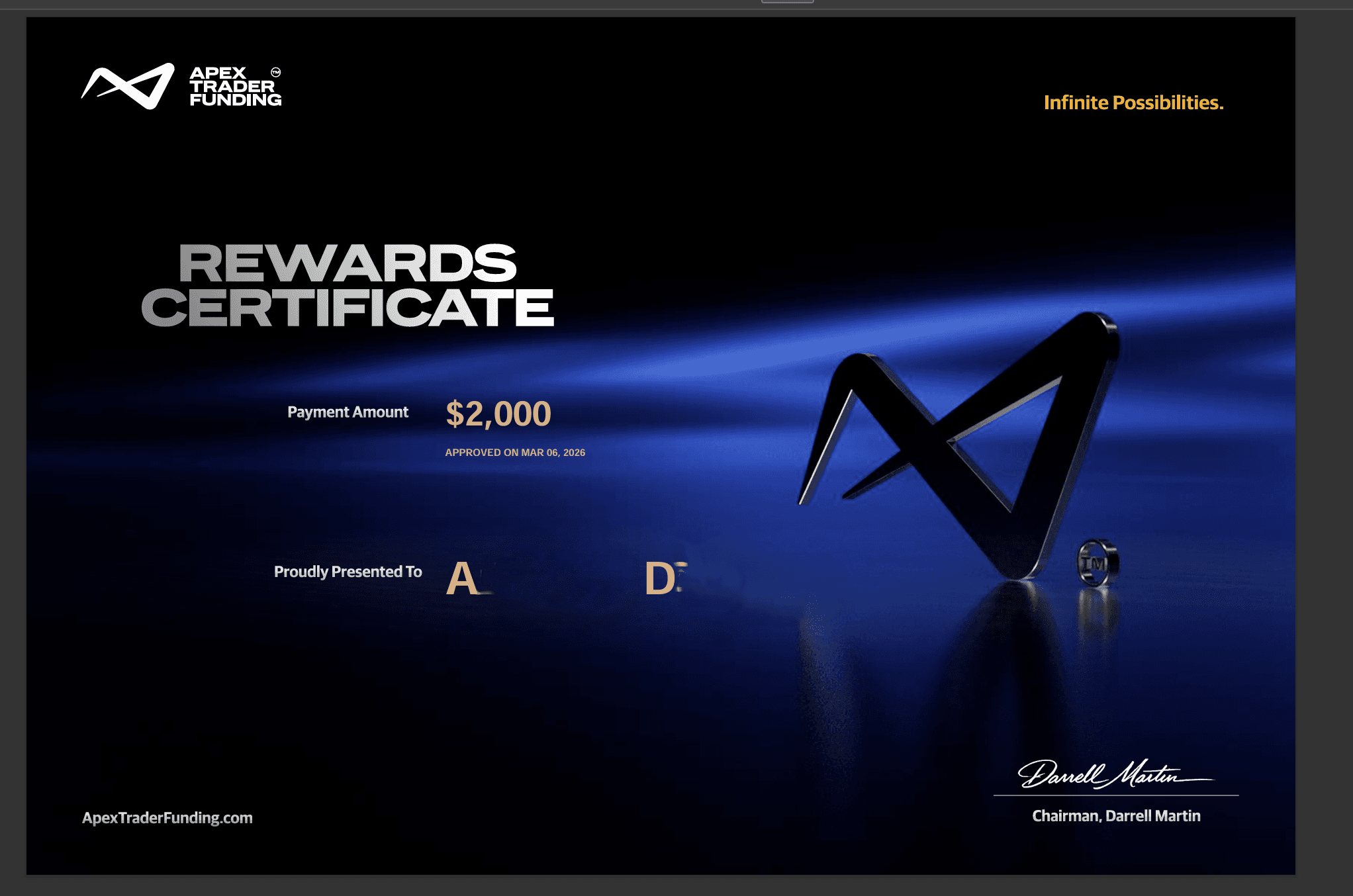 Payout Apex Trader Funding — 2 000 $
