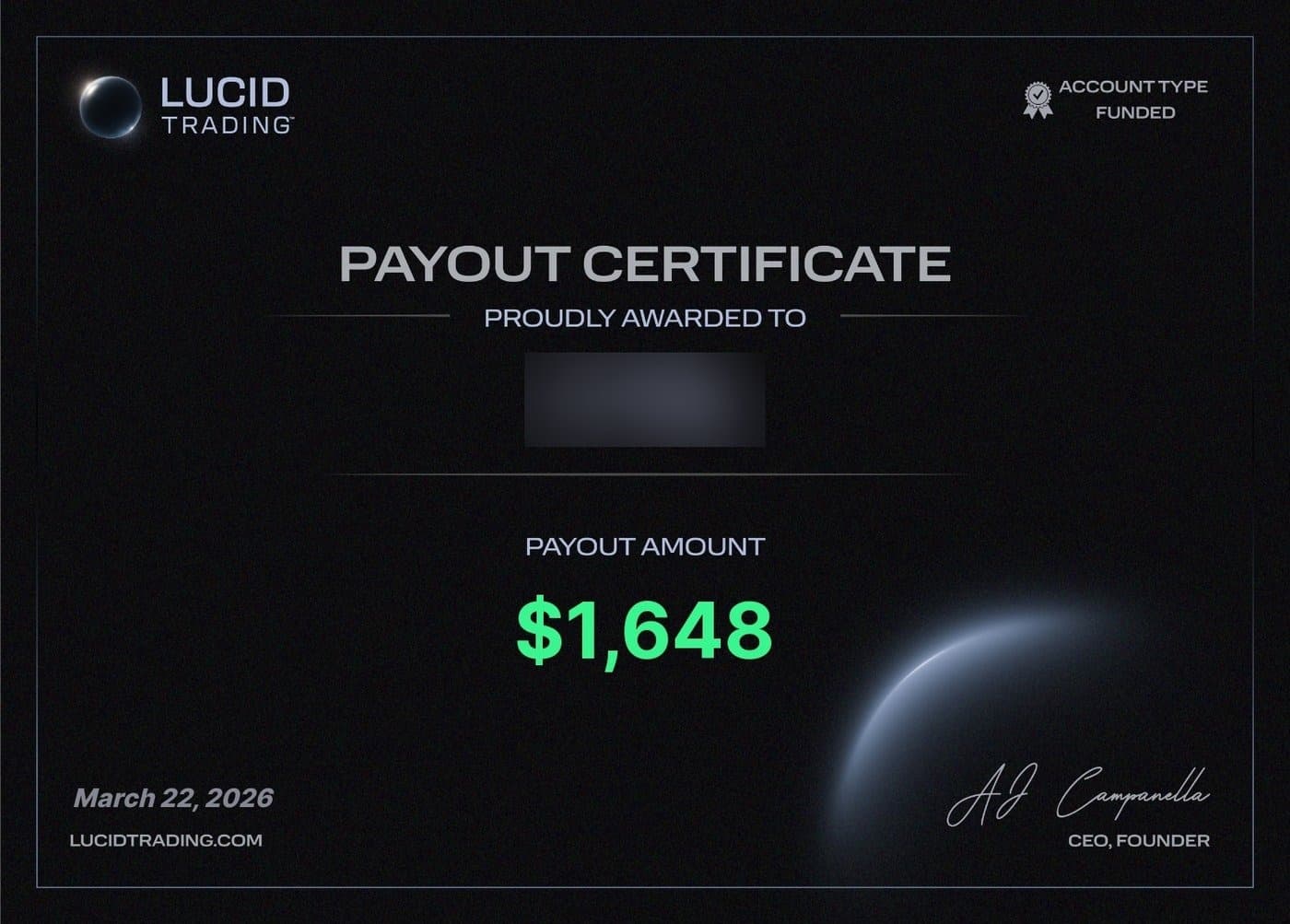 Payout Lucid Trading — 1 648 $